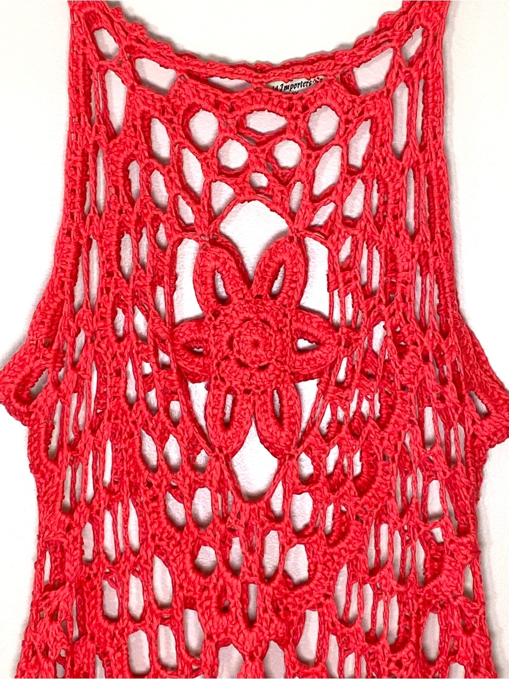 Bright Vibrant Coral Red Boho Crochet Floral Fringe V Tunic Tank Top Cover Up - Picture 3 of 8